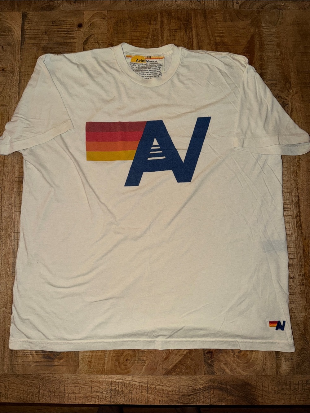 Aviator Nation White Tee with Navy 'A' Logo and Retro Sunset Stripes